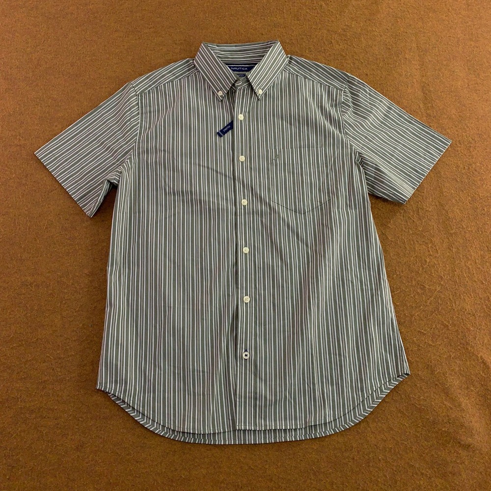 Nautica Mens Small Green Striped Stretch Short Sleeve Button Down Shirt New